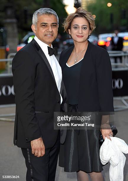 Sadiq Khan and Saadiya Khan arrive for the Gala to celebrate the Vogue 100 Festival at Kensington Gardens on May 23, 2016 in London, England.
