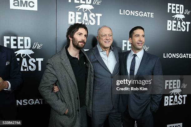 Jim Sturgess, John Doman and David Schwimmer attend the New York Screening of "Feed The Beast" at Angelika Film Center on May 23, 2016 in New York...