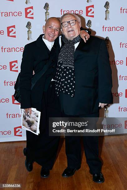 Actor Roger Dumas and his wife attend "La 28eme Nuit des Molieres" on May 23, 2016 in Paris, France.