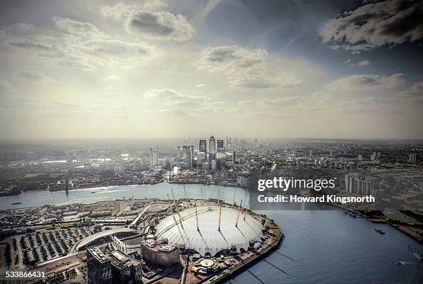 aerial of canary wharf and the dome - london docklands fotografías e imágenes de stock