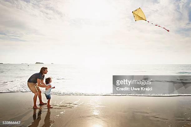 father and son playing with kite - people flying kites stockfoto's en -beelden