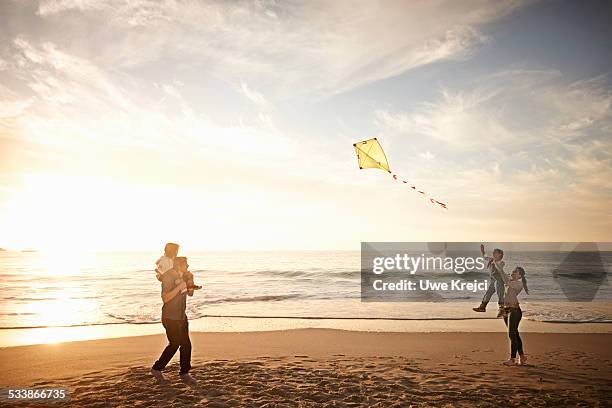 family playing with kite on beach - people flying kites stockfoto's en -beelden