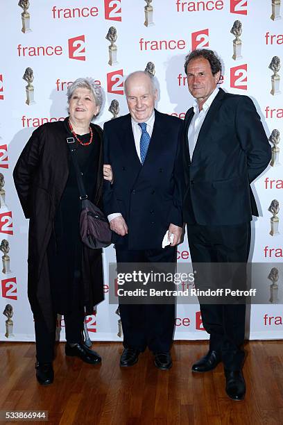 Nominated for 'Moliere du Comedien dans un spectacle de Theatre prive' for 'A tord et a raison', Michel Bouquet standing between his wife Juliette...