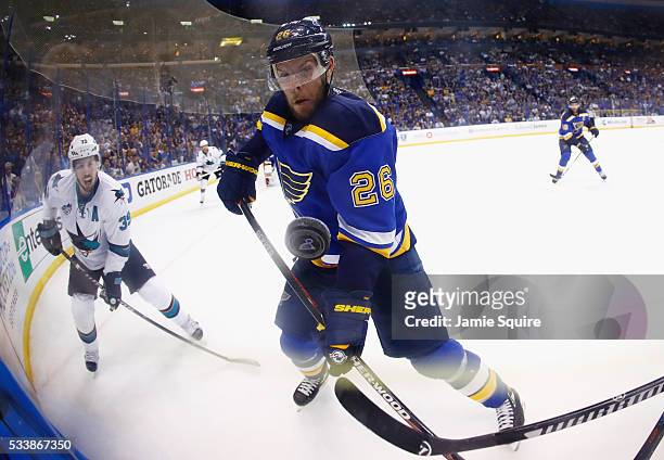 Paul Stastny of the St. Louis Blues watches the puck during the second period against the San Jose Sharks in Game Five of the Western Conference...