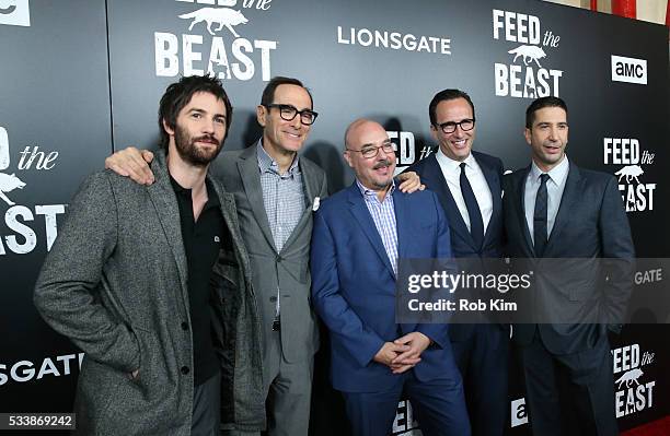 Jim Sturgess and David Schwimmer poses with guests at the New York Screening of "Feed The Beast" at Angelika Film Center on May 23, 2016 in New York...