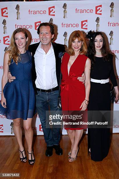 Team of "Maris et Femmes", Astrid Roos, Emmanuel Patron, Florence Pernel and Alka Balbir attend "La 28eme Nuit des Molieres" on May 23, 2016 in...