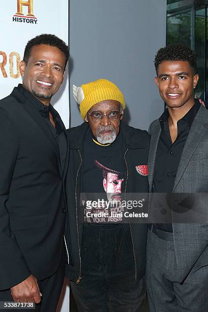 Marion Van Peebles, Melvin Van Peebles and Mandela Van Peebles attend as HISTORY presents night one of the epic event series "Roots" at Alice Tully...