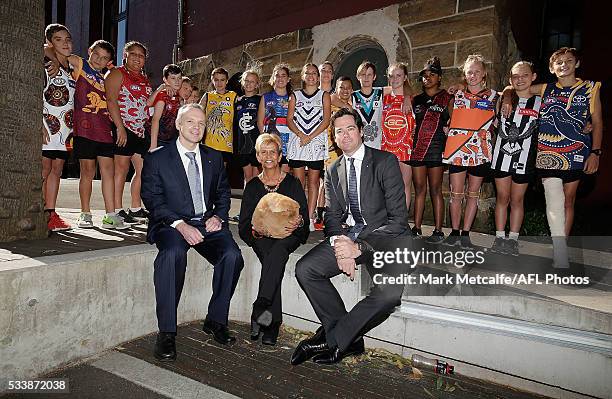 Rio Tinto CEO Andrew Harding, Aunty Pam Pedersen, AFL CEO Gillon McLachlan and children wearing Indigenous Round Jerseys pose during the 2016 Toyota...