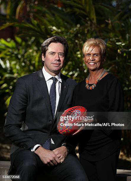 Aunty Pam Pedersen and AFL CEO Gillon McLachlan pose during the 2016 Toyota AFL Sir Doug Nicholls Indigenous Round Launch on May 24, 2016 in Sydney,...