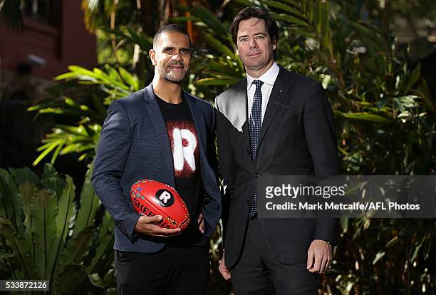 Michael O'Loughlin and AFL CEO Gillon McLachlan pose during the 2016 Toyota AFL Sir Doug Nicholls Indigenous Round Launch on May 24, 2016 in Sydney,...