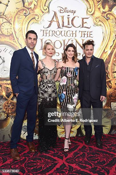 Actors Sacha Baron Cohen, Mia Wasikowska, Anne Hathaway and Johnny Depp attend Disneys 'Alice Through the Looking Glass' premiere with the cast of...