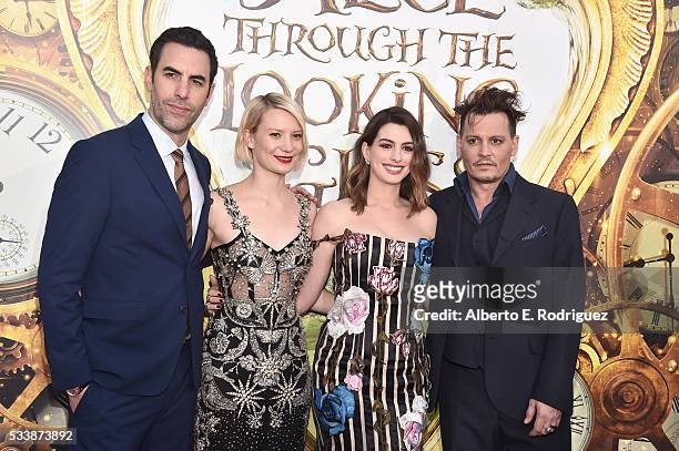 Actors Sacha Baron Cohen, Mia Wasikowska, Anne Hathaway and Johnny Depp attend Disneys 'Alice Through the Looking Glass' premiere with the cast of...