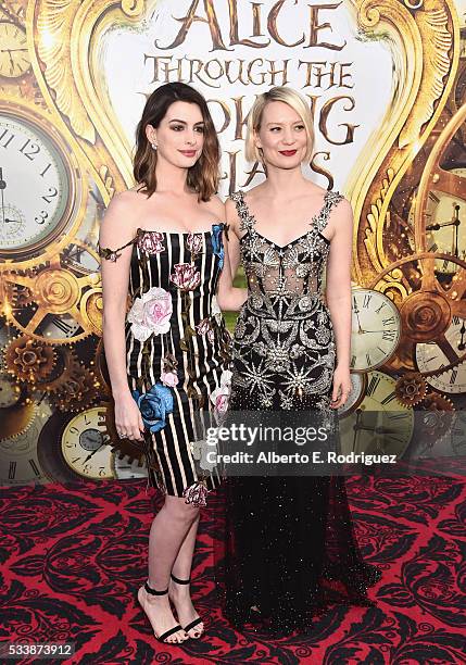 Actresses Anne Hathaway and Mia Wasikowska attend Disneys 'Alice Through the Looking Glass' premiere with the cast of the film, which included...