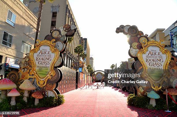 View of the atmosphere at Disneys 'Alice Through the Looking Glass' premiere with the cast of the film, which included Johnny Depp, Anne Hathaway,...