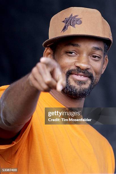 Actor Will Smith looks on as his wife Jada Pinkett Smith and Wicked Wisdom perform during Ozzfest 2005 at Shoreline Amphitheatre on August 13, 2005...