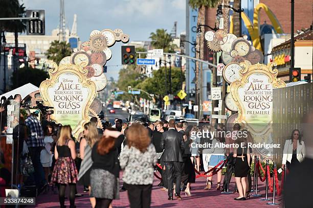 View of the atmosphere at Disneys 'Alice Through the Looking Glass' premiere with the cast of the film, which included Johnny Depp, Anne Hathaway,...