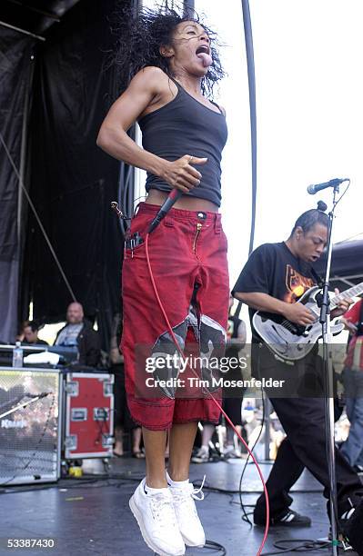 Jada Pinkett Smith and Wicked Wisdom perform during Ozzfest 2005 at Shoreline Amphitheatre on August 13, 2005 in Mountain View, California.