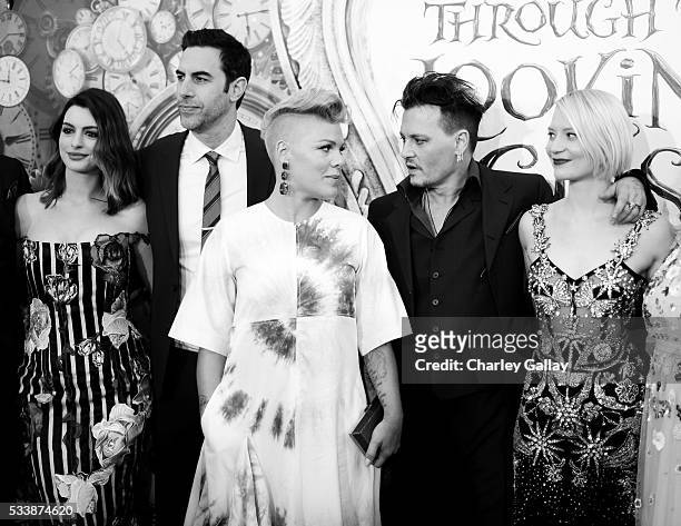 Actress Anne Hathaway, actor Sacha Baron Cohen, singer-songwriter P!nk, actor Johnny Depp and actress Mia Wasikowska attend Disneys 'Alice Through...