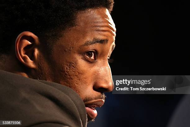 DeMar DeRozan of the Toronto Raptors speaks after defeating the Cleveland Cavaliers in game four of the Eastern Conference Finals during the 2016 NBA...