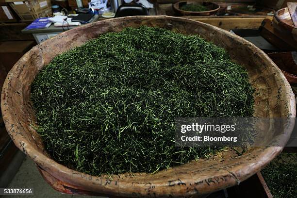 Bowl of steamed tea leaves, known as Gyokuro, is seen at the Maruri Yoshidameichaen tea plantation, in Uji, Kyoto Prefecture, Japan, on Friday, May...