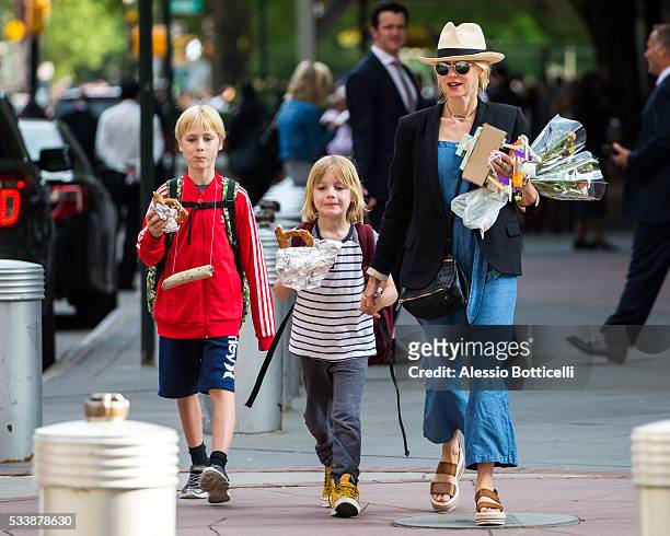 Naomi Watts is seen walking with her sons, Alexander Schreiber and Samuel Schreiber in TriBeCa on May 23, 2016 in New York City.