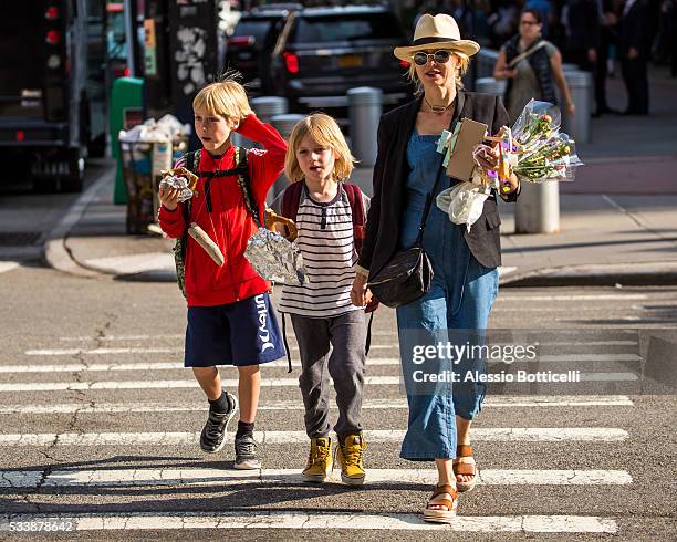 Naomi Watts is seen walking with her sons, Alexander Schreiber and Samuel Schreiber in TriBeCa on May 23, 2016 in New York City.