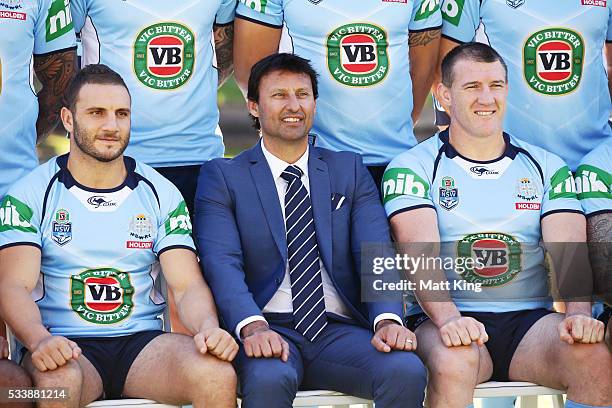 Robbie Farah of the Blues, Blues head coach Laurey Daley and Paul Gallen of the Blues pose during a New South Wales Blues NRL State of Origin team...
