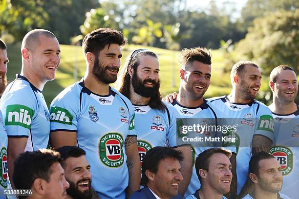 David Klemmer, James Tamou, Aaron Woods, Andrew Fifita, Blake Ferguson and Boyd Cordner of the Blues pose during a New South Wales Blues NRL State of...