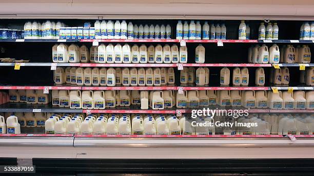 Fridges stocked with milk are seen in a Coles supermarket on May 24, 2016 in Sydney, Australia. Coles shelves are low on branded milk stock as...