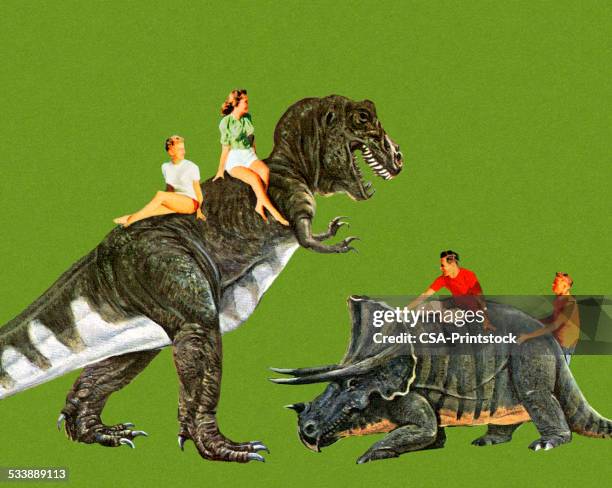 stockillustraties, clipart, cartoons en iconen met people riding dinosaurs - dinosaurus