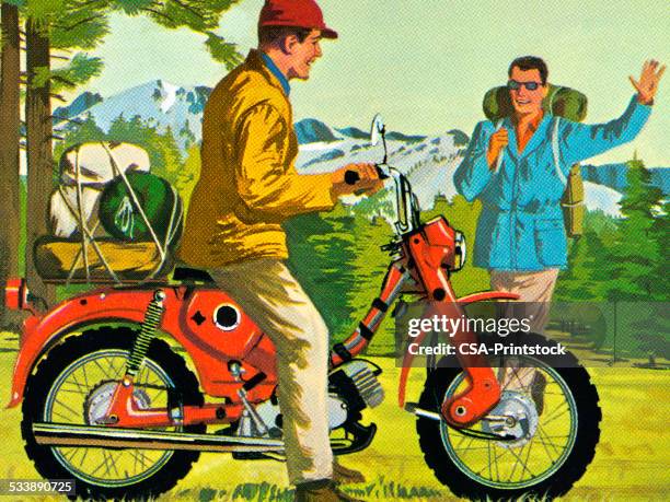 man riding a motorcycle in the mountains - two rivers stock illustrations