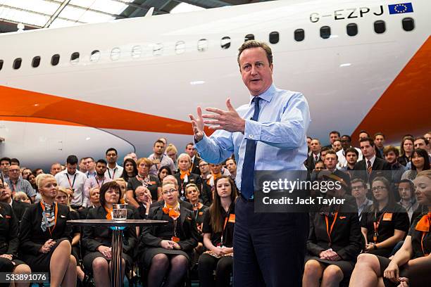 British Prime Minister David Cameron delivers a speech to easyJet employees at the aviation company's Luton Airport Hangar on May 24, 2016 in Luton,...