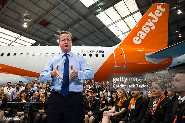British Prime Minister David Cameron delivers a speech to easyJet employees at the aviation company's Luton Airport Hangar on May 24, 2016 in Luton,...