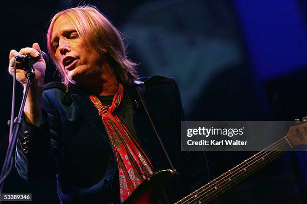 Tom Petty and his band the Heartbreakers perform at the Verizon Wireless Amphitheatre on August 14, 2005 in Irvine, California.