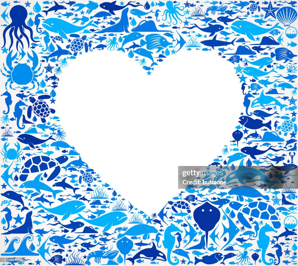 Heart shape Ocean and Marine Life Blue Icon Pattern