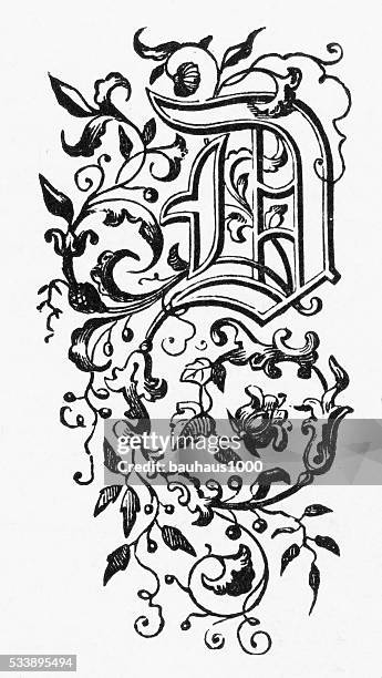 woodcut of a capital “d” ornate victorian engraving, circa 1892 - victorian font stock illustrations