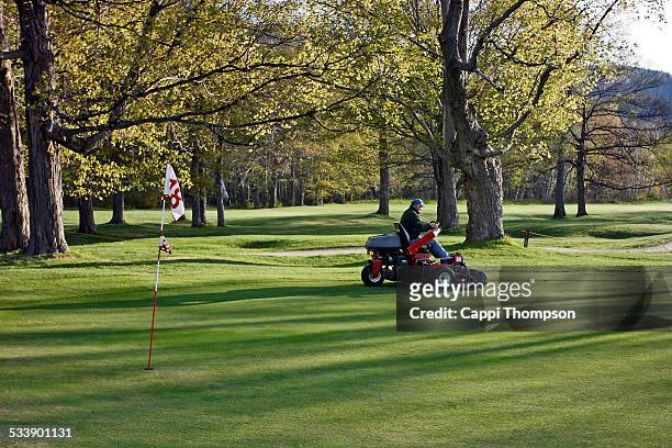 man mowing golf green - lawn tractor stock pictures, royalty-free photos & images