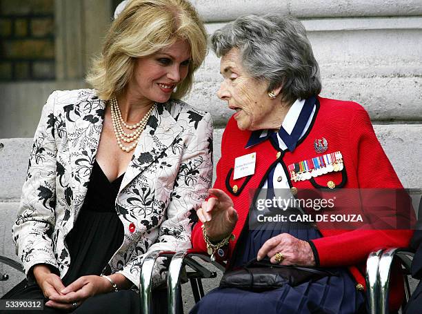 London, UNITED KINGDOM: British actress Joanna Lumley talks to Countess Mountbatten of Burma during a ceremony to mark the sixtieth anniversary of...