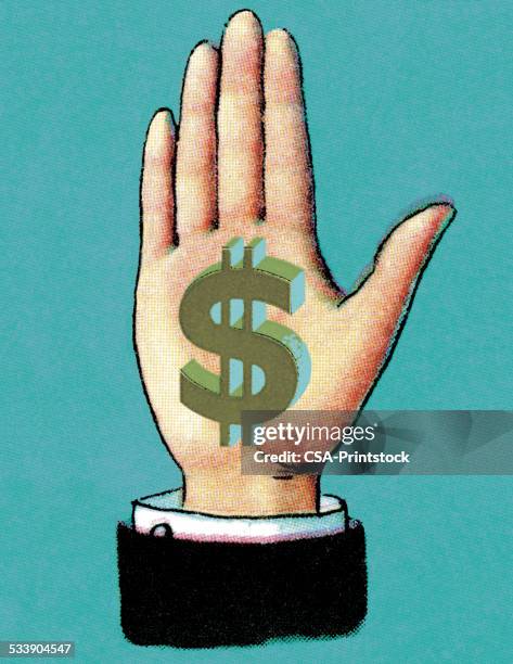 hand with dollar sign on palm - paycheck stock illustrations