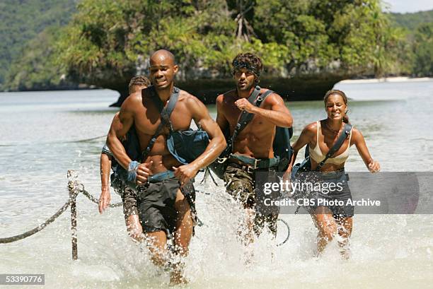 Castaways from The Ulong Tribe, James Willson, Ibreham Rahman, Bobby Jon Drinkard and Stephanie LaGrossa during the third episode of Survivor: Palau...