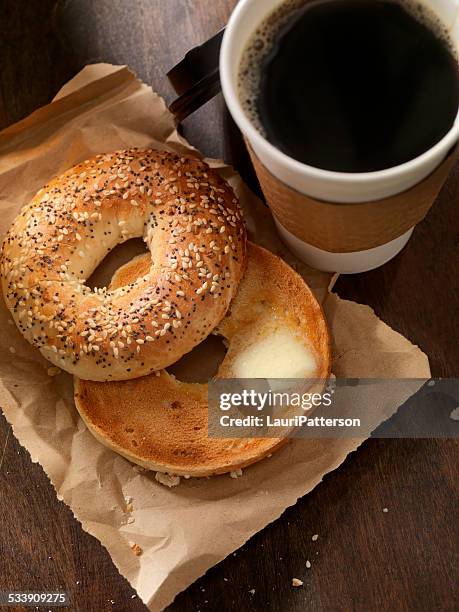 toasted bagel with butter - coffe to go stock pictures, royalty-free photos & images