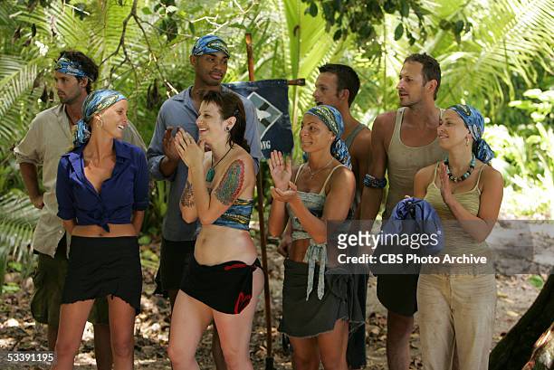Castaways during the second episode of Survivor: Palau, the Ulong tribe Bobby Jon Drinkard, Kim Mullens, Ibrehem Rahman, Angie Jakusz, Stephanie...