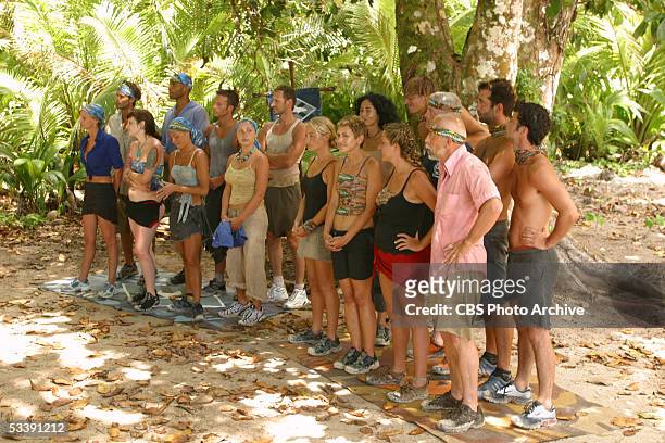 Castaways during the second episode of Survivor: Palau, the Ulong tribe Kim Mullens, Bobby Jon Drinkard, Angie Jakusz, Ibrehem Rahman, Stephanie...