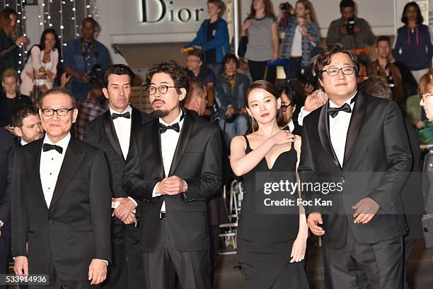 Actor Kwak Do-won, actress Chun Woo-Hee, director Na Hong-jin and actor Jun Kunimura attend'The Strangers ' Premiere during the 69th annual Cannes...