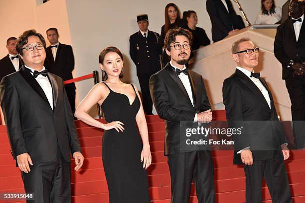 Actor Kwak Do-won, actress Chun Woo-Hee, director Na Hong-jin and actor Jun Kunimura attend'The Strangers ' Premiere during the 69th annual Cannes...