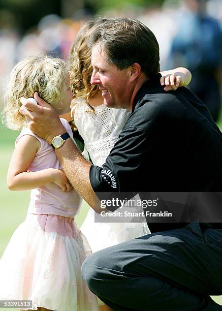 Phil Mickelson hugs his daughter, Sophia , and Amanda after winning the 2005 PGA Championship with a 4-under par 276 on August 15, 2005 in...