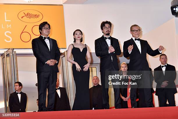 Actor Kwak Do-won, actress Chun Woo-Hee, director Na Hong-jin and actor Jun Kunimura attend'The Strangers ' Premiere during the 69th annual Cannes...