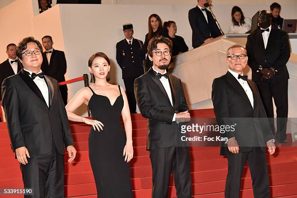 Actor Kwak Do-won, actress Chun Woo-Hee, director Na Hong-jin and actor Jun Kunimura attend'The Strangers ' Premiere during the 69th annual Cannes...