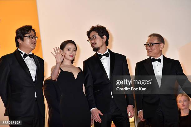 Actor Kwak Do-won, actress Chun Woo-Hee, director Na Hong-jin and actor Jun Kunimura attend'The Strangers ' Premiere during the 69th annual Cannes...