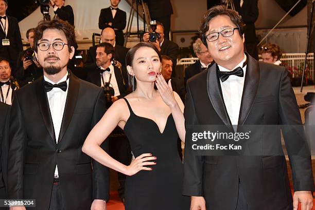 Na Hong-jin, Chun Woo-Hee and Kwak Do-won attend'The Strangers ' Premiere during the 69th annual Cannes Film Festival at the Palais des Festivals on...